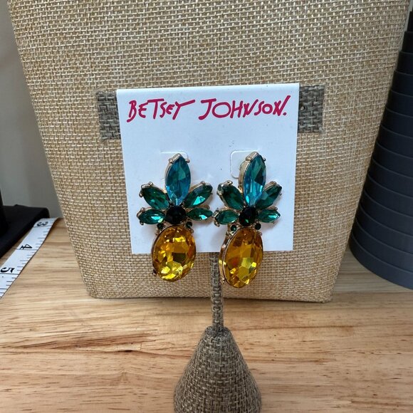 Betsey Johnson Pineapple Rhinestone Earrings With Yellow & Green Gemstones - Picture 2 of 8